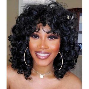 Women Black Synthetic Soft Black Afro Kinky Curly Heat Resistant Natural Wig